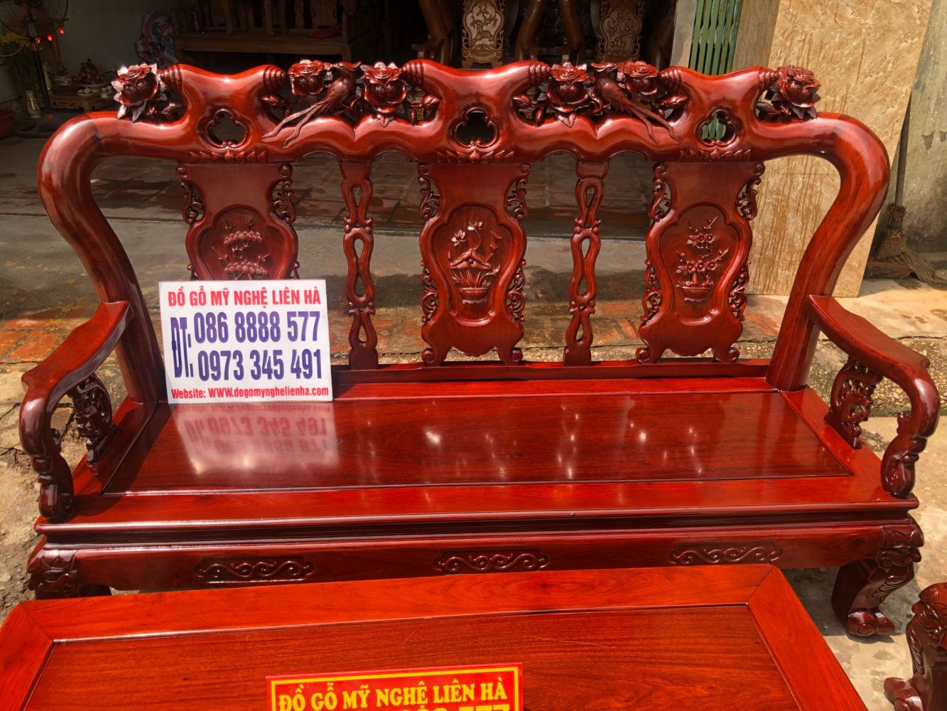 đoản dài bộ bàn ghế minh quốc Hồng Trĩ 6 món cột 10 gỗ hương lào