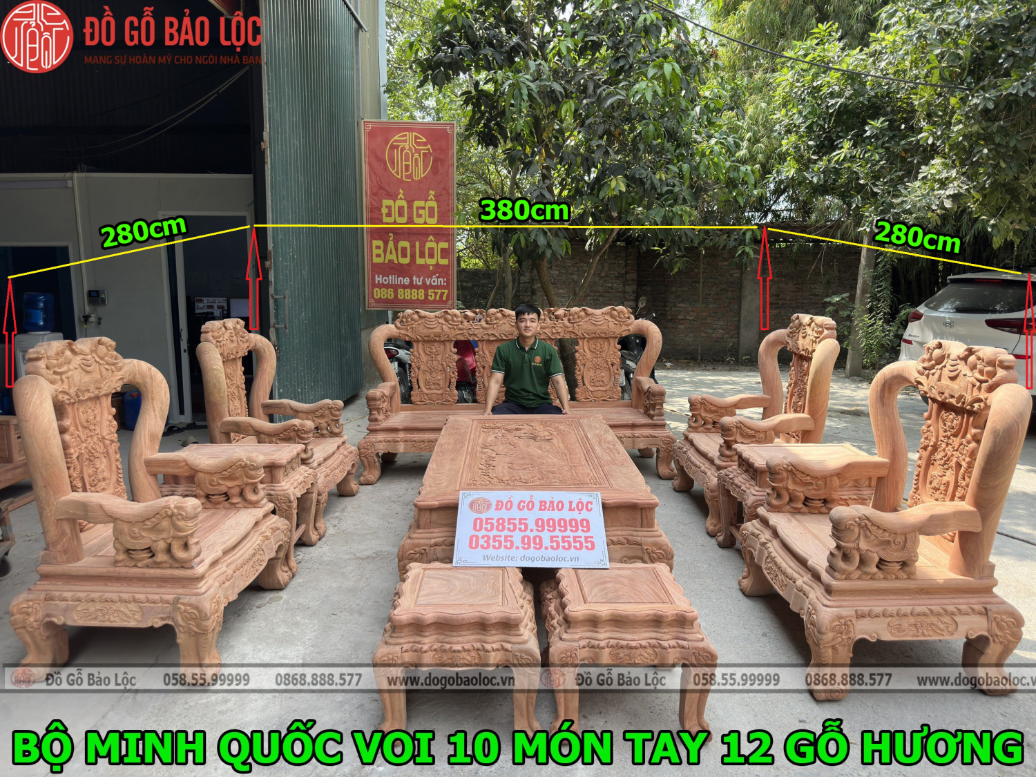 Diện tích để có thể kê được bộ Minh quốc voi 10 món tay 12 chất liệu gỗ hương đá.