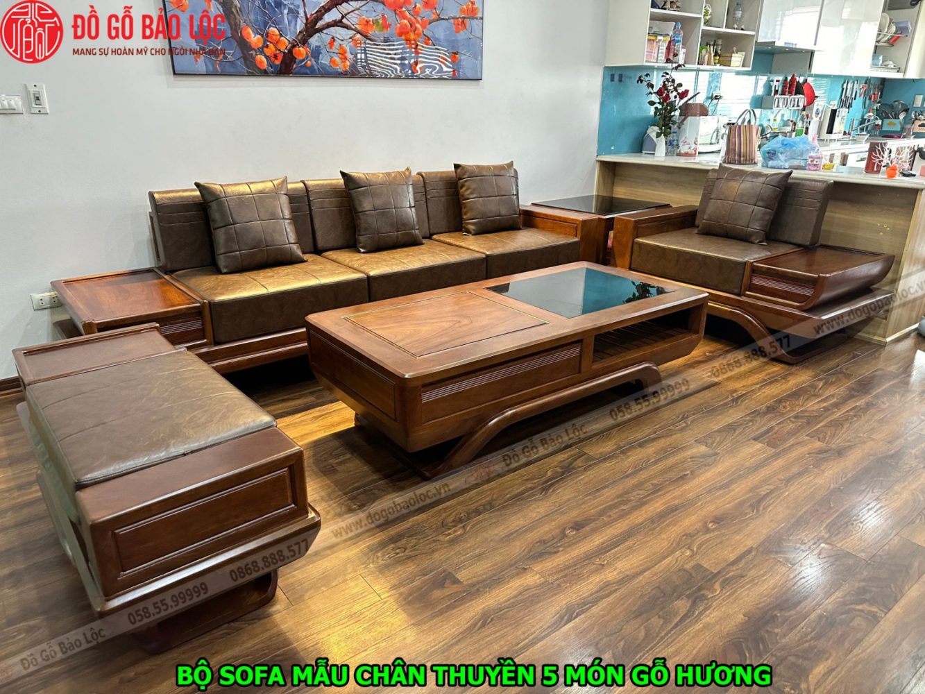 Bộ Sofa Chân Thuyền 5 Món Gỗ Hương Đá Góc L ( Mẫu 2 )
