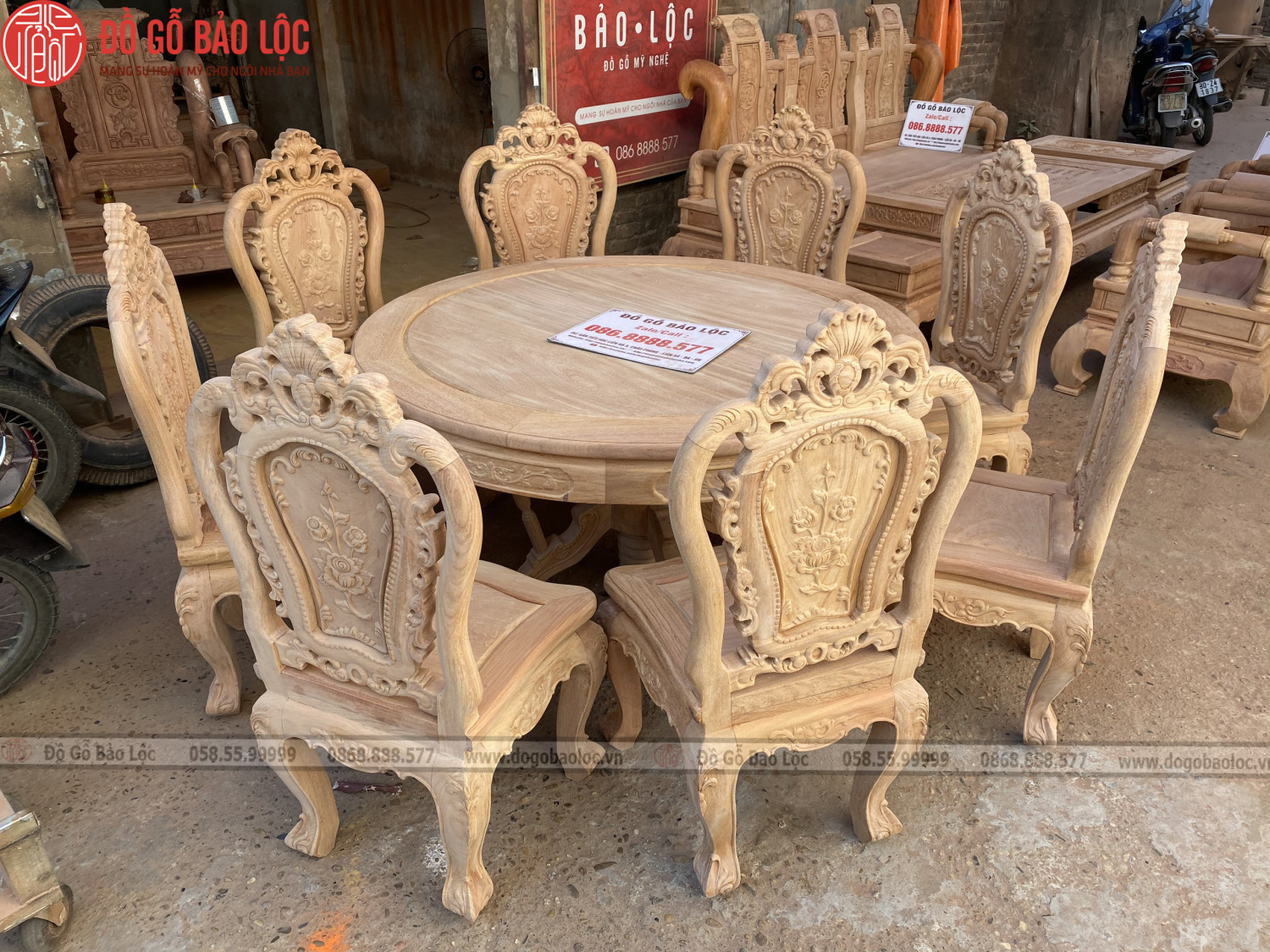 Bộ Bàn Ghế Ăn 8 Ghế Gỗ Gõ - Mẫu Bàn Tròn Bộ Bàn Ghế Ăn 8 Ghế Gỗ Gõ - Mẫu Bàn Tròn