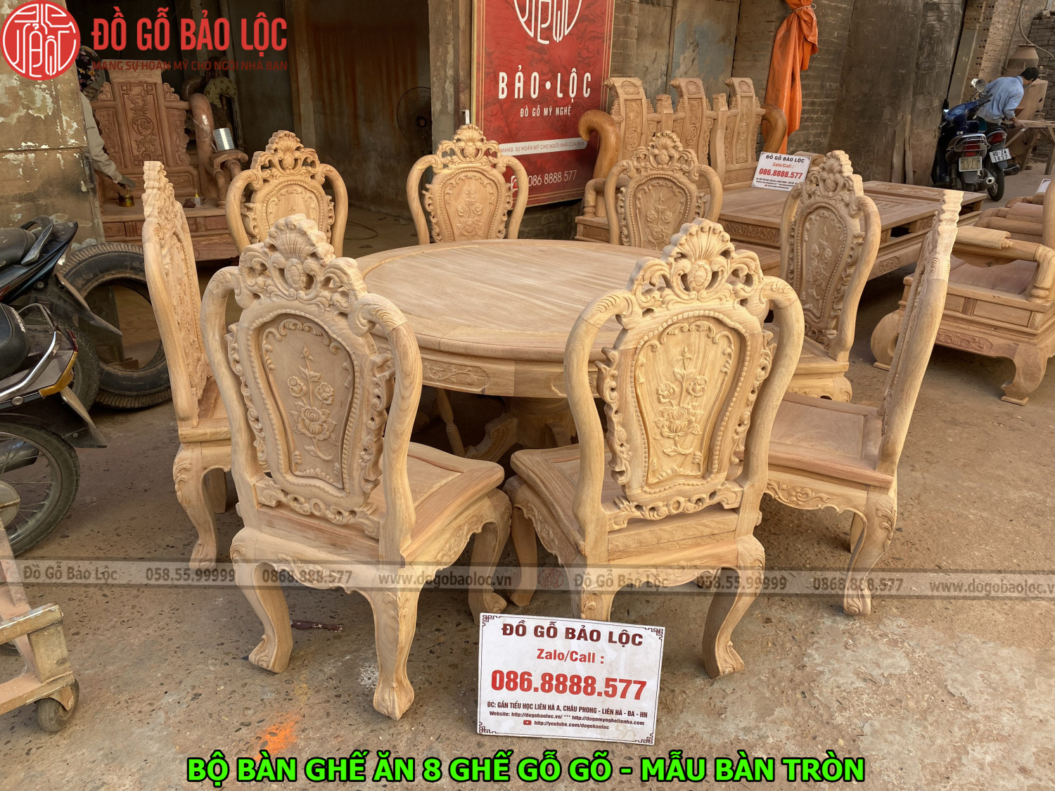 Bộ Bàn Ghế Ăn 8 Ghế Gỗ Gõ - Mẫu Bàn Tròn Bộ Bàn Ghế Ăn 8 Ghế Gỗ Gõ - Mẫu Bàn Tròn
