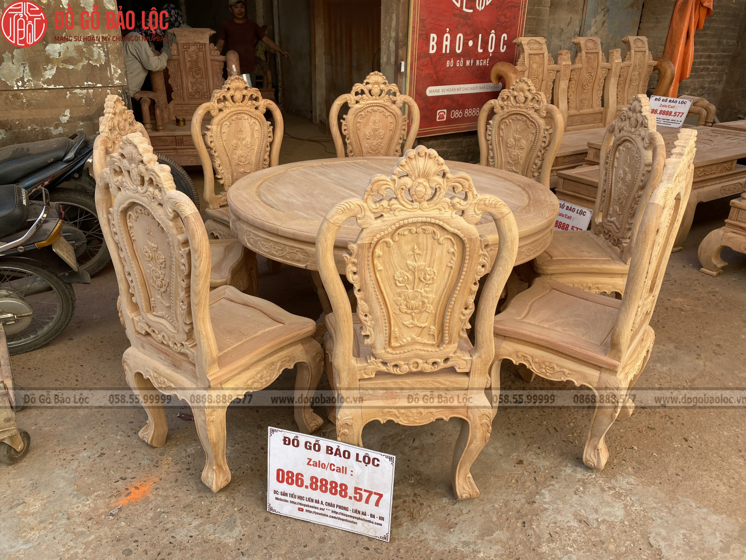 Bộ Bàn Ghế Ăn 8 Ghế Gỗ Gõ - Mẫu Bàn Tròn Bộ Bàn Ghế Ăn 8 Ghế Gỗ Gõ - Mẫu Bàn Tròn