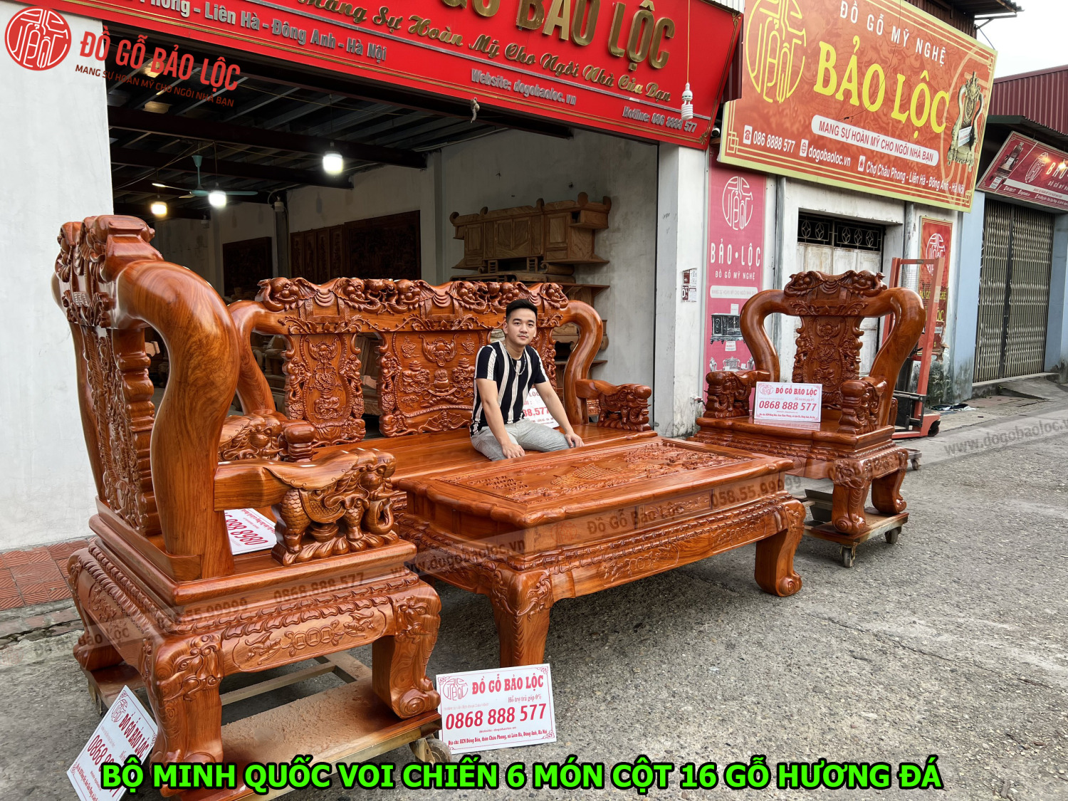 Bộ Minh Quốc Voi Chiến 6 Món Cột 16 Gỗ Hương Đá