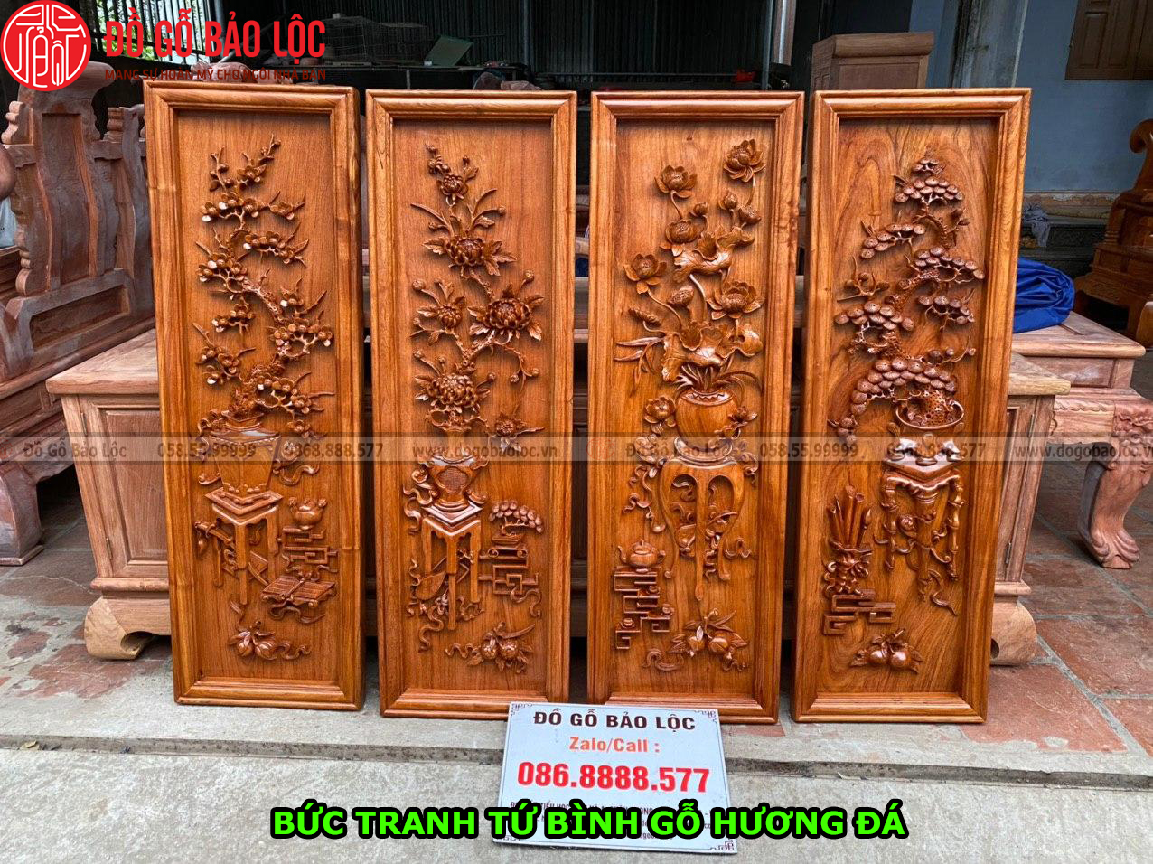 Bức Tranh Tứ Bình Gỗ Hương Đá
