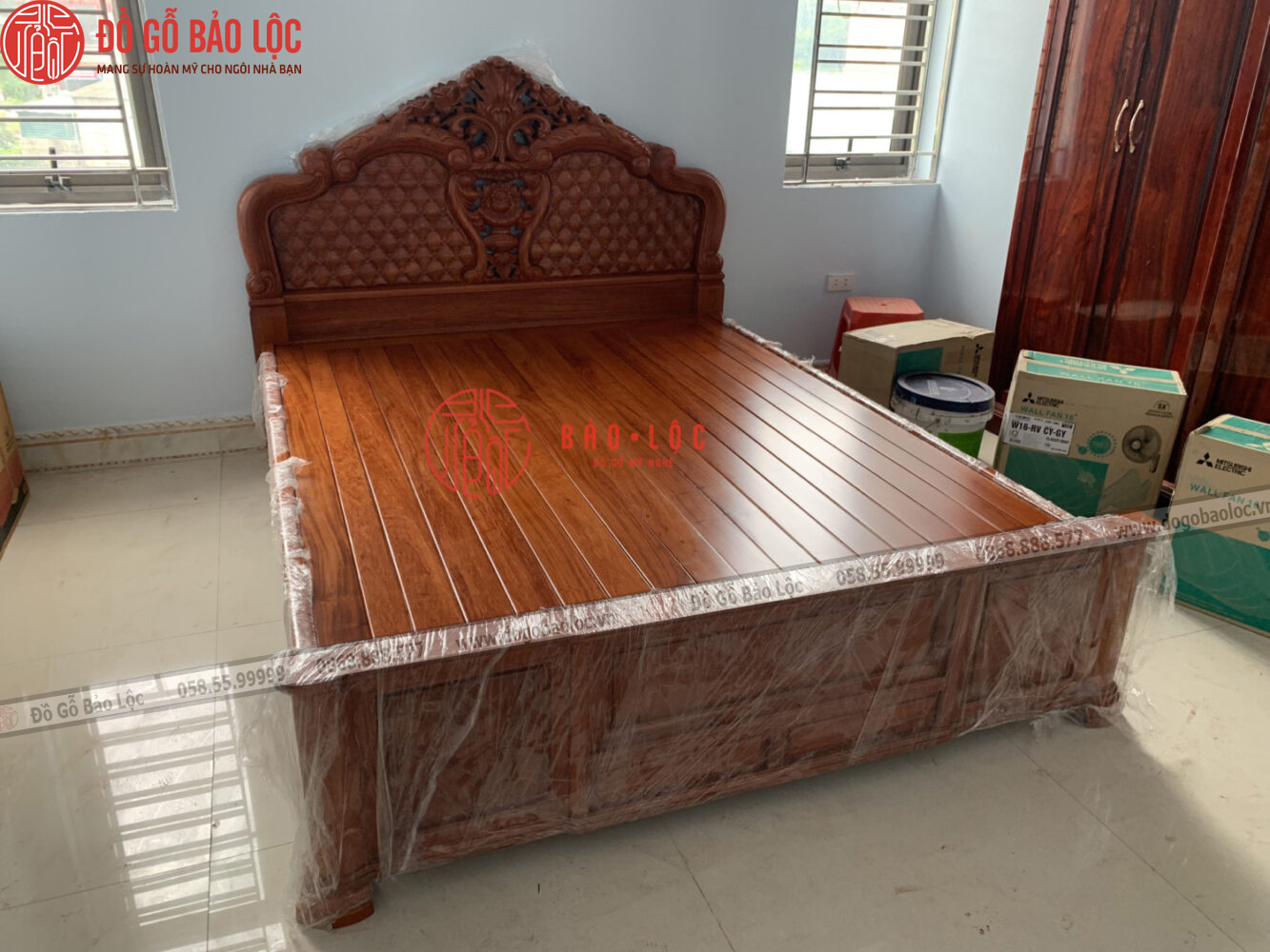 Mẫu Giường Hồng Trĩ Vách Trám Mai Gỗ Gõ 1m6 x 2m - Đuôi Thẳng