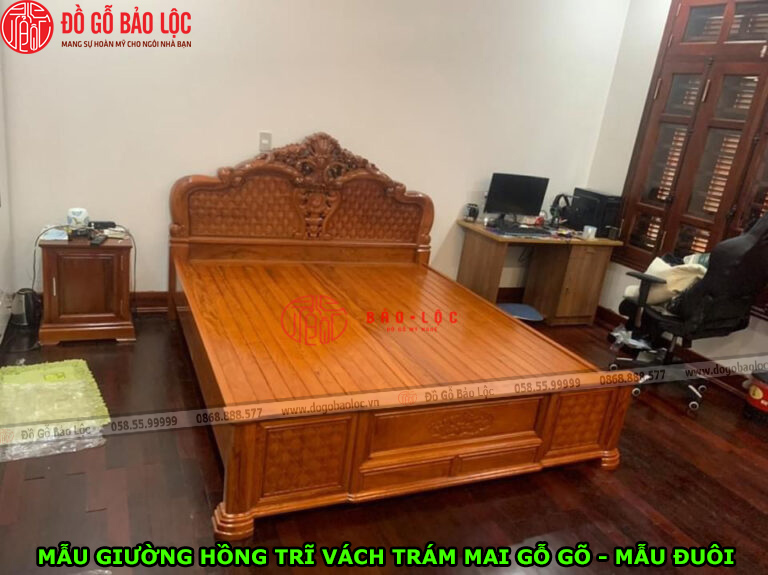 Mẫu Giường Hồng Trĩ Vách Trám Mai Gỗ Gõ 1m6 x 2m - Đuôi Thẳng
